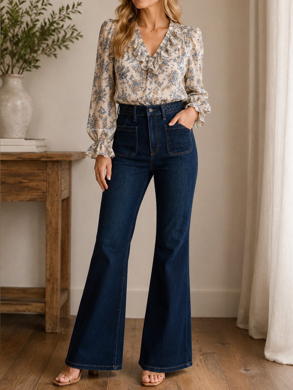 Celebrity Pink Dark Blue Flared Jeans with Braided Waistband